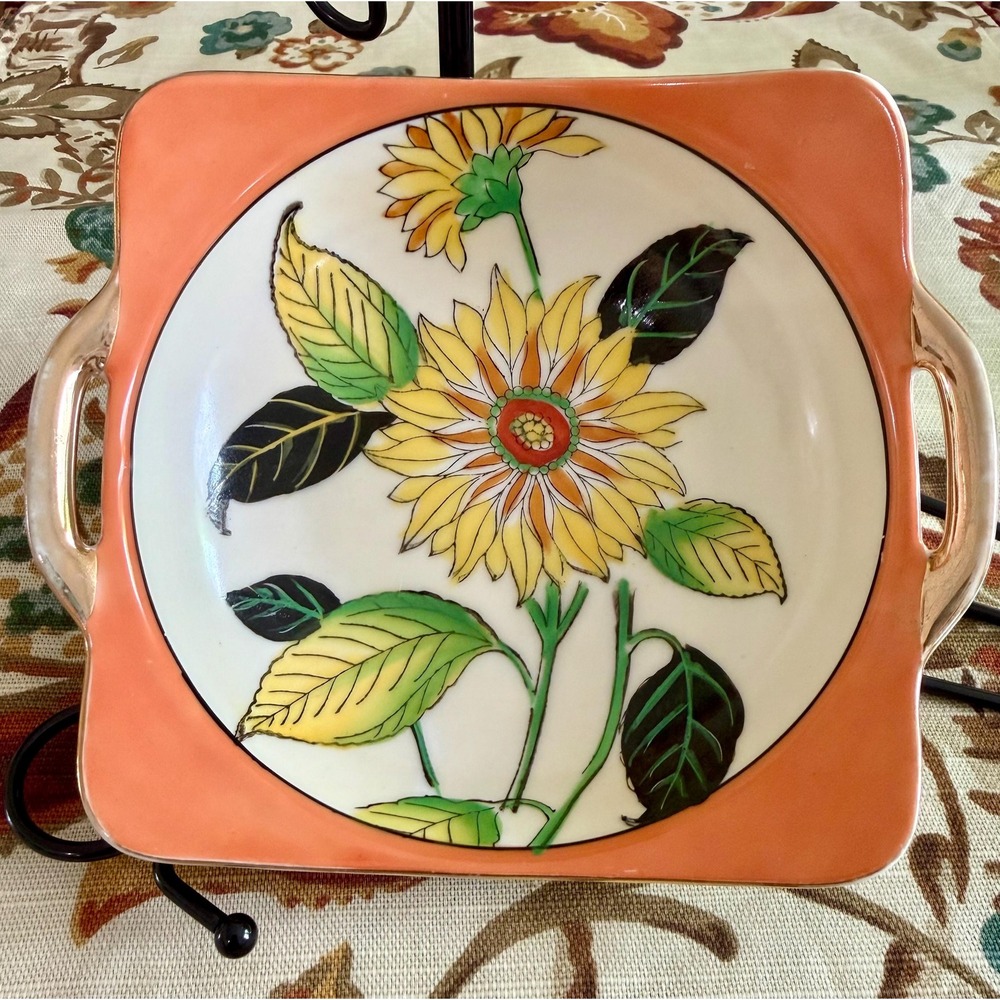 1920s Noritake Hand Painted Sunflower Dish | Art Deco Peach Lusterware Square